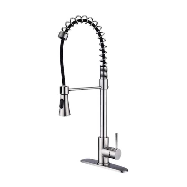 Flynama Modern Spring High Arc Single Handle Pull Down Sprayer Kitchen Faucet in Brushed Nickel