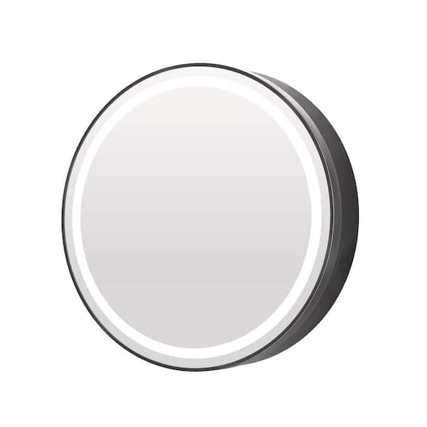 KeonJinn 30 in. W x 30 in. H Round Black Metal Framed Surface Mount Medicine Cabinet with Mirror LED Lighted 3-Colors Dimmable