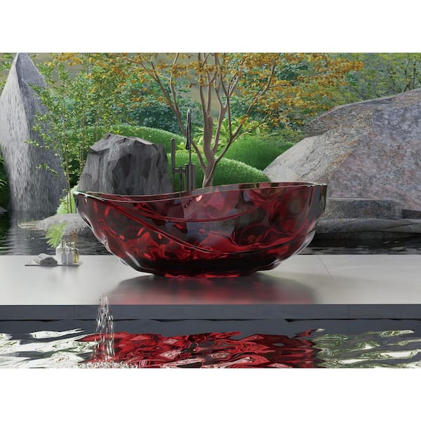 Xspracer Moray 67 in. x 37.6 in. Resin Translucent Stone Flatbottom Solid Surface Freestanding Soaking Bathtub in Fiery Red