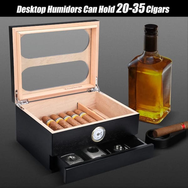 Black Wood Tempered Glass Top 20-35 Cigars Humidor with Front Hygrometer, Cigar Case Humidifier and Accessory Drawers