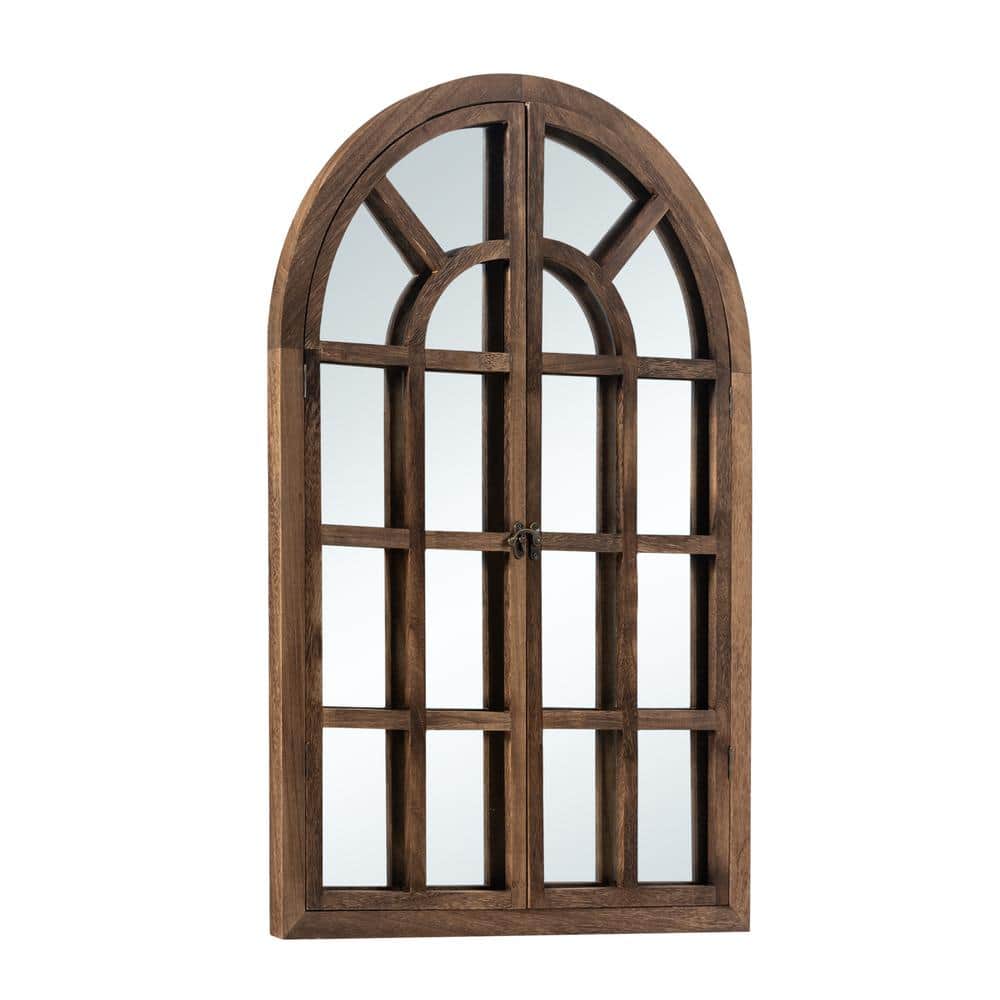Charcoal Wood Arched Windowpane Decorative Wall Mirror
