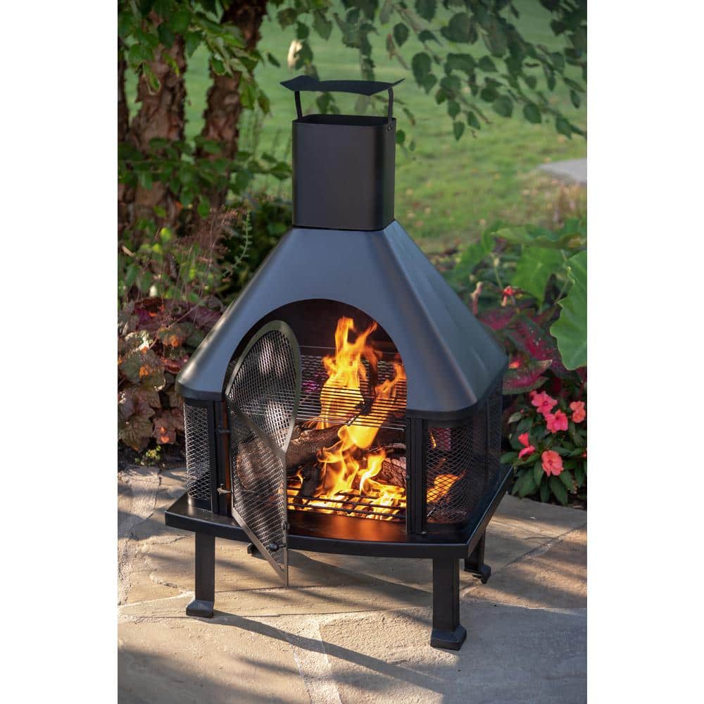 Black Steel Free-Standing Wood Burning Chimenea Fire Pit