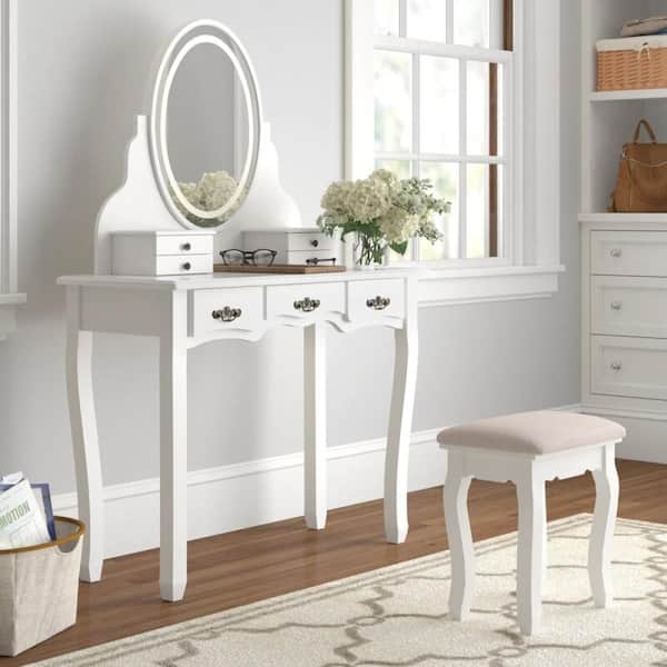 Unbranded White Wooden Bedroom Vanity Sets Makeup Table Set with Oval Lights Mirror and Stool