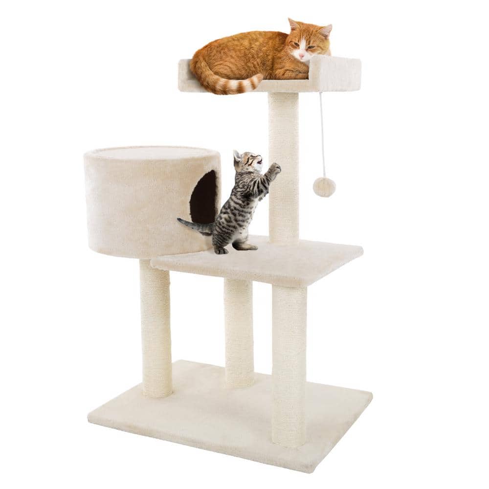 Beige 31" Sisal 3-Tier Cat Tree with Condo and Perch