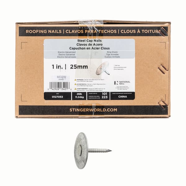 1 in. x 12-gauge Electrogalvanized Ring Shank Steel Cap Roofing Nail 25 lbs. Box
