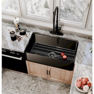 Black Fireclay 33 in. Single Bowl Farmhouse Apron Kitchen Sink with Sprayer Kitchen Faucet and Accessories