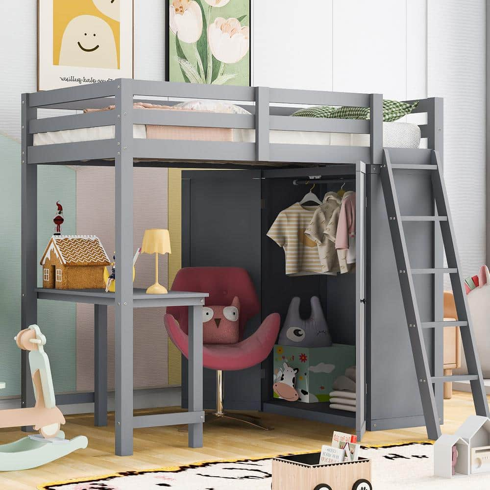 Harper & Bright Designs Gray Twin Size Wood Loft Bed with Wardrobe ...