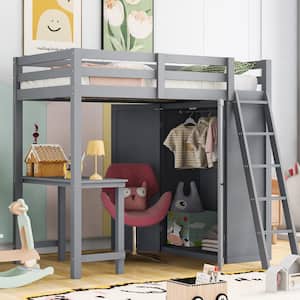 Gray Twin Size Wood Loft Bed with Wardrobe, Built-in Desk and Inclined Ladder