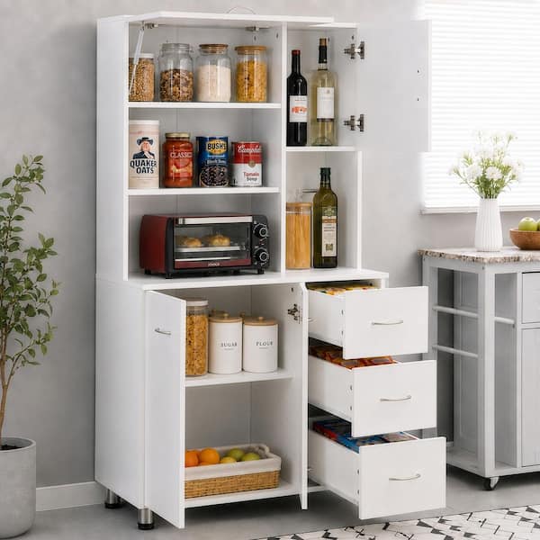 White Kitchen Pantry Storage Cabinet with Doors and Shelves