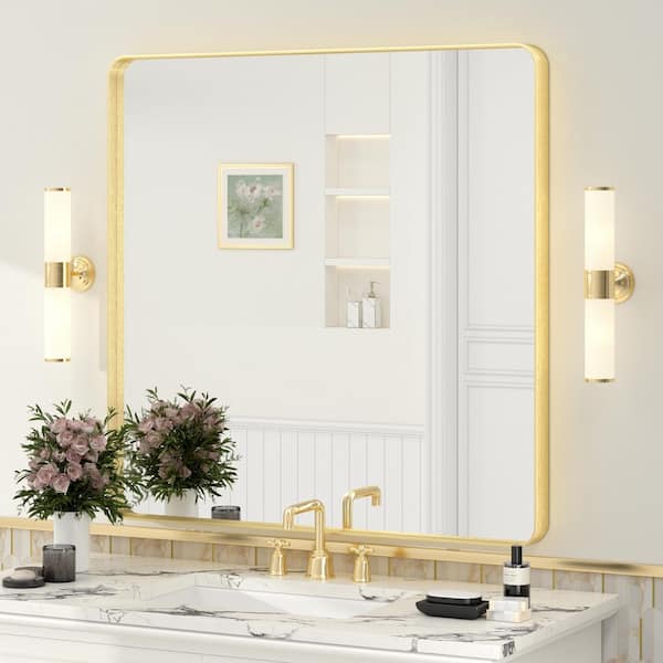 36 in. W x 36 in. H Square Tempered Glass and Aluminum Alloy Framed Wall Bathroom Vanity Mirror in Brushed Gold