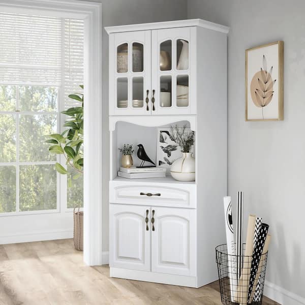 LIVING SKOG Galiano 73 in. White Corner Pantry Kitchen Storage Cabinet Buffet with Hutch For Microwave with Drawer