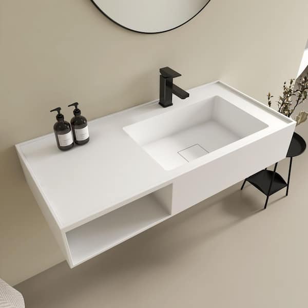 42 x 19 in. Solid Surface Wall Mount Bathroom Vessel Sink with Single Faucet Hole and Storage Compartment