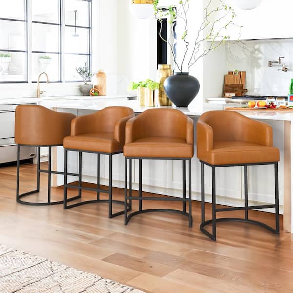 LUE BONA Crystal Yellowish-Brown 26 in.Counter Height Fabric Upholstered Bar Stool Kitchen Island Stool With Metal Frame Set of 4