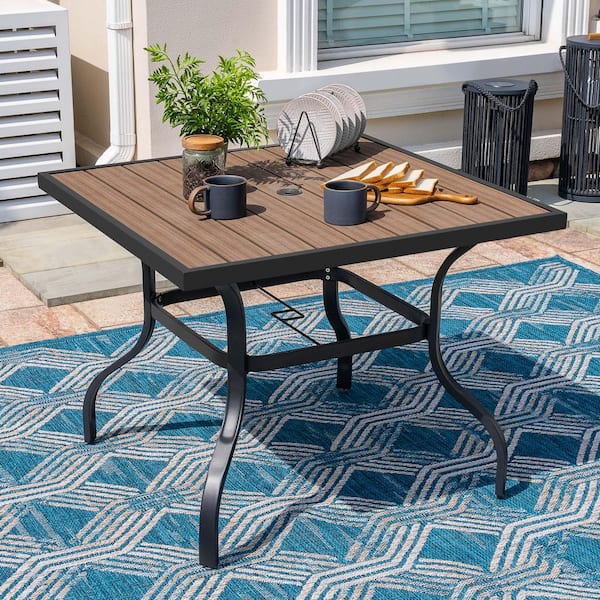 Black Square Powder-Coated Metal Outdoor 37 in. Dining Table with Umbrella Hole and Faux Wood Tabletop