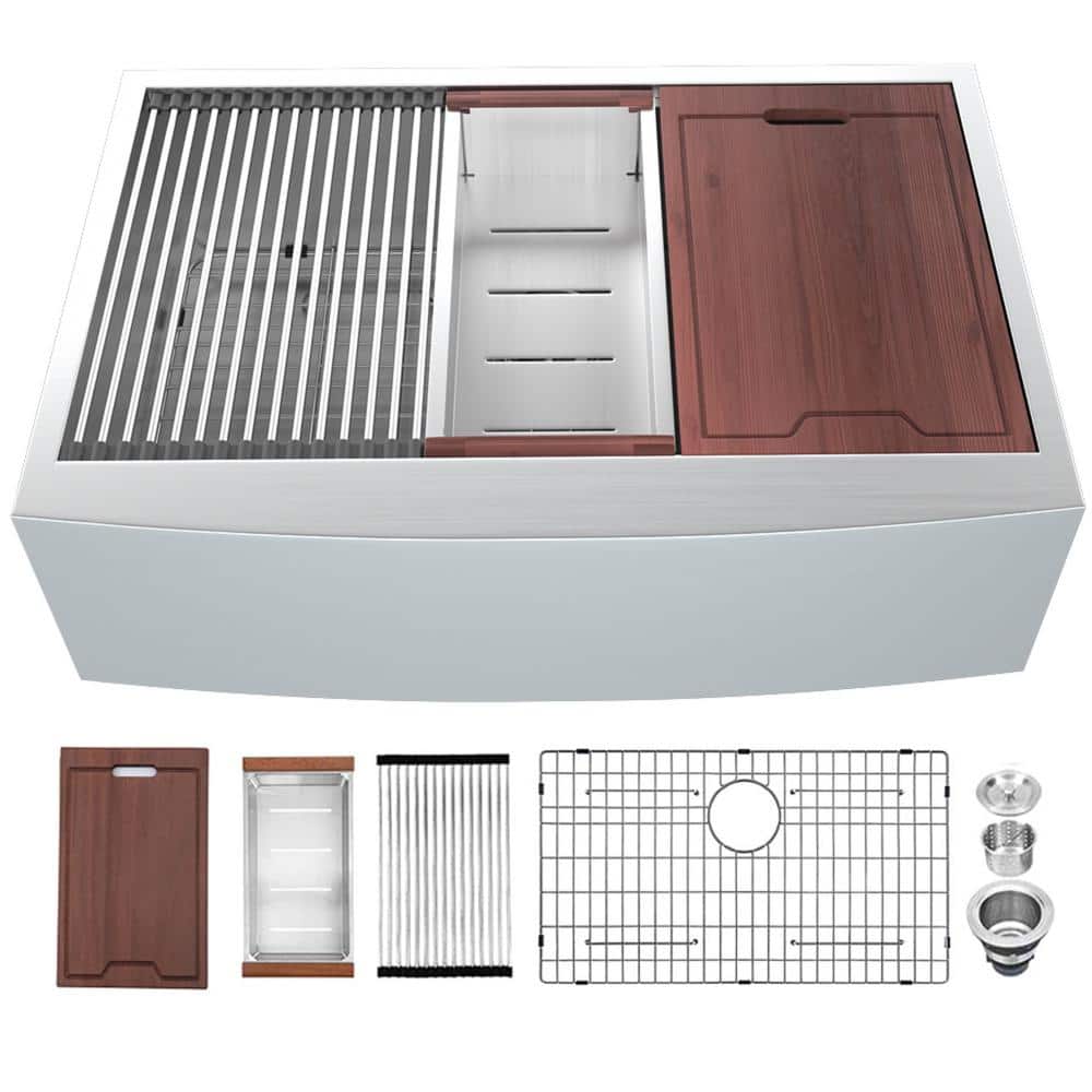 33 in. Farmhouse/Apron-Front Single Bowl 16-Gauge Stainless Steel Workstation Kitchen Sink w/ Cutting Board and Colander price history on PriceWatchPro