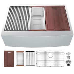 33 in. Farmhouse/Apron-Front Single Bowl 16-Gauge Stainless Steel Workstation Kitchen Sink w/ Cutting Board and Colander