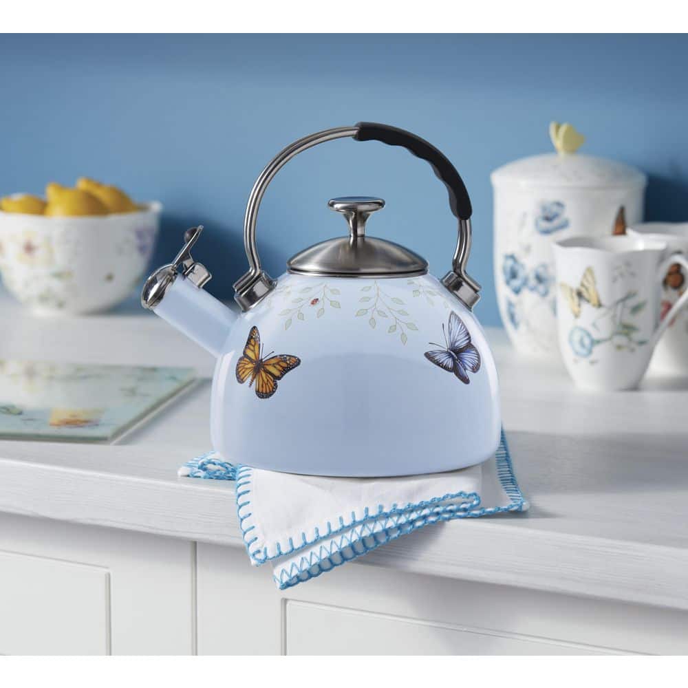 Butterfly Meadow Blue Enamel Whistling Tea Kettle