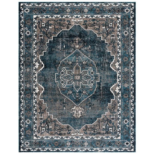 Vintage Hamadan 9 ft. x 12 ft. Blue/Ivory Ornate Border Distressed Area Rug