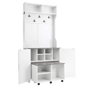 4-in-1 Design White Hall Tree with 2-Open Shelves, 7-Hooks, Shoe Storage Cabinet, Movable Bench with 6-Brake Wheels