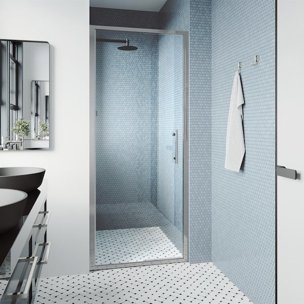 VIGO Astoria 30 in. W x 76 in. H Space Saving Framed Pivot Shower Door in Chrome with Clear Glass