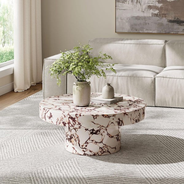 Modern Round Coffee Table End Table Set Of 2 Faux Travertine Marble Pattern Circle Coffee Tables Side Table Set For Living Room Apartment No Need Assembly (Fiberglass 2piece