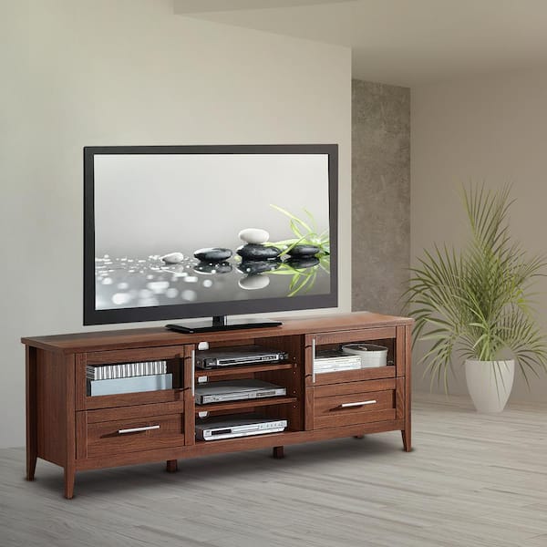 TECHNI MOBILI 71 in. Oak Particle Board TV Stand with Storage for TVs Up to 75 in. with Storage Doors