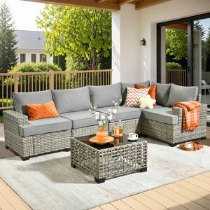 Tiberte Gray 6-Piece Wicker Patio Conversation Seating Set with Dark Gray Cushions
