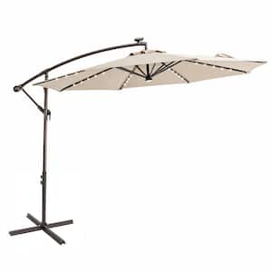 10 ft. Steel Cantilever Solar Patio Umbrella with LED Lights and Cross Base Stand in Beige Solution Dyed Polyester