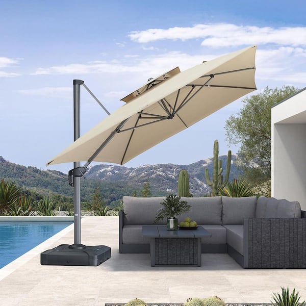 10 ft. x 13 ft. Sunbrella Double Top Outdoor Aluminum 360° Rotation Cantilever Patio Umbrella in Beige, with Base