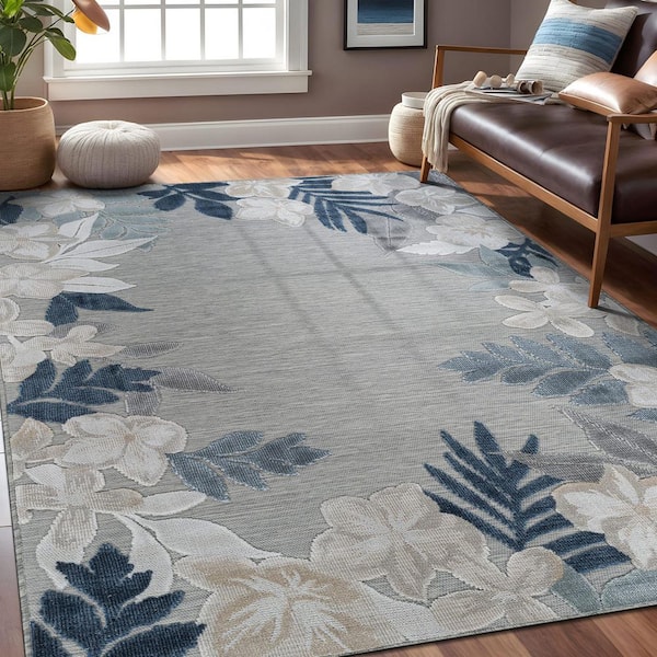 Eden 9 ft. x 12 ft. Blue  Washable Border Floral Indoor Outdoor Area Rug