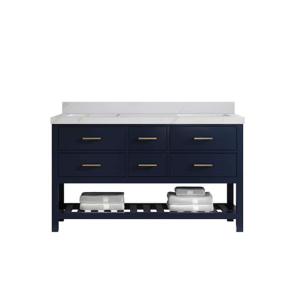Willow Collections Parker 60 in. Double Sink Freestanding Navy Blue Bath Vanity with Calacatta Sienna Qt. Top Unassembled
