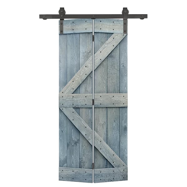 CALHOME 26 in. x 84 in. K Series Solid Core Denim Blue Stained DIY Wood Bi-Fold Barn Door with Sliding Hardware Kit