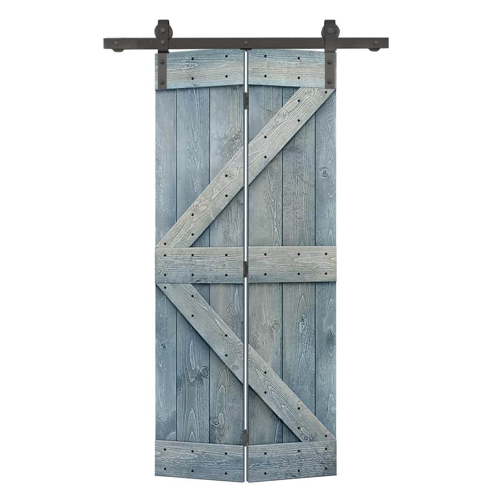 CALHOME 32 in. x 84 in. K Series Solid Core Denim Blue Stained DIY Wood Bi-Fold Barn Door with Sliding Hardware Kit