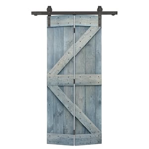 38 in. x 84 in. K Series Solid Core Denim Blue Stained DIY Wood Bi-Fold Barn Door with Sliding Hardware Kit