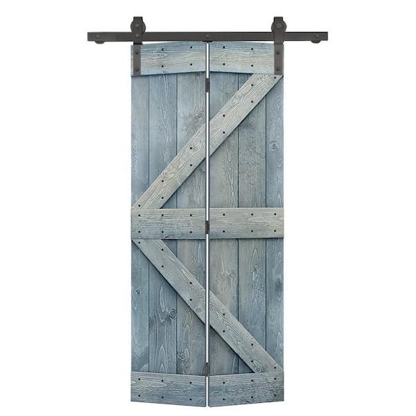 CALHOME 38 in. x 84 in. K Series Solid Core Denim Blue Stained DIY Wood Bi-Fold Barn Door with Sliding Hardware Kit