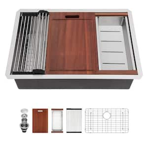 30 in. x 18 in. Undermount 16 Gauge Stainless Steel Single Bowl Workstation Kitchen Sink with Cutting Board and Strainer