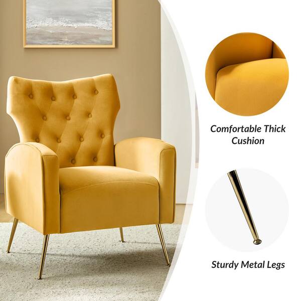 JAYDEN CREATION Brion Modern Mustard Velvet Button Tufted Comfy