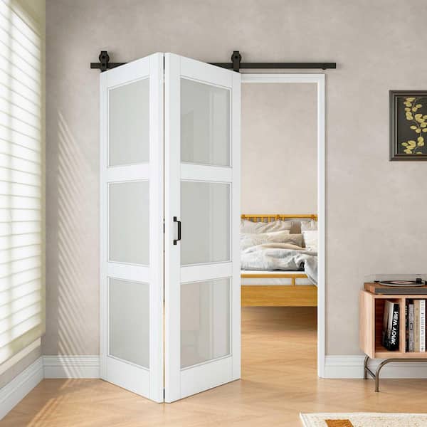 60 in. x96 in. 3-Lite Tempered Frosted Glass White Primed Composite MDF Bi-Fold Sliding Barn Door with Hardware Kit