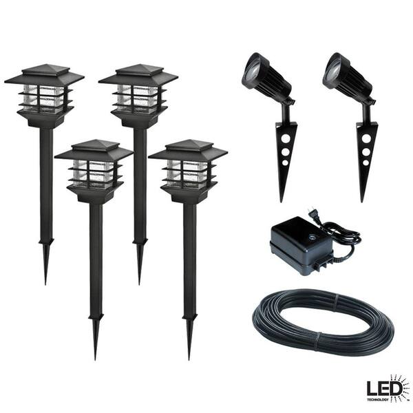 Hampton Bay Black LED Cast Aluminum Path Light Kit (4-Pack) with 2 LED Spotlights