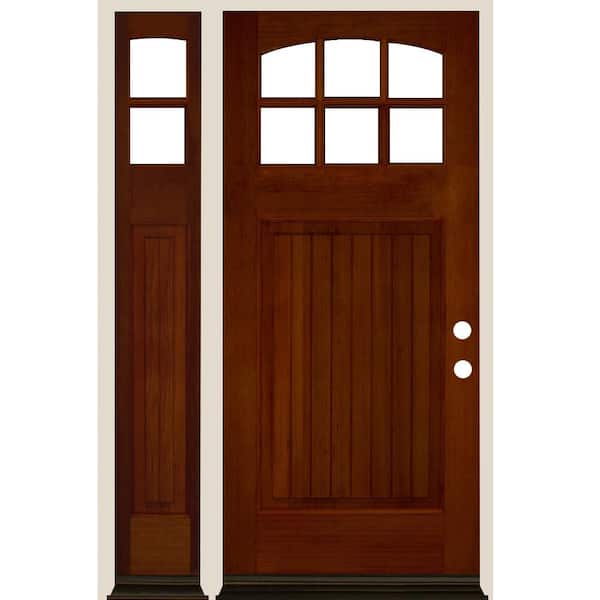 Krosswood Doors 50 in. x 80 in. V-Groove Arched 6-Lite Clear Glass Red Chestnut Stain Left Hand Hemlock Wood Prehung Front Door w/LSL