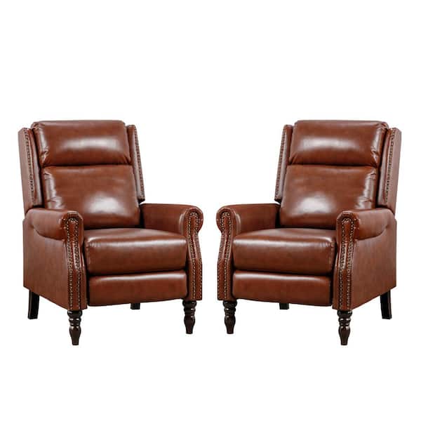 30in. Red Brown Modern Genuine Leather Recliner Chair Nailhead Trim Adjustable Push Back Recliner with Footrest (2-pack)