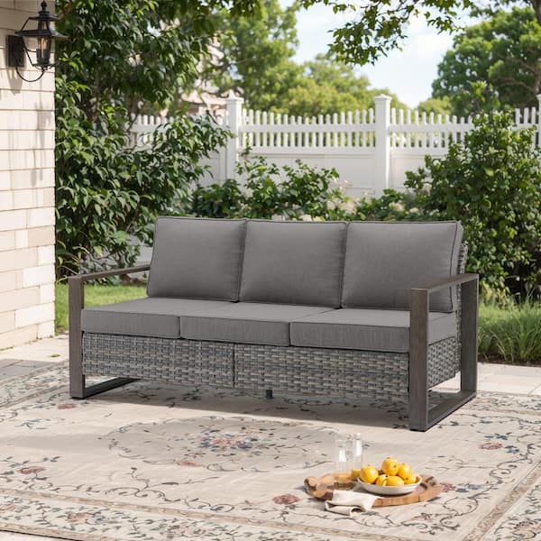 Opohoro Gray Wicker Outdoor Couch, Rattan 3-Seat Sofa with Wood-Looking Metal Armrest with Gray Cushions for Garden Backyard