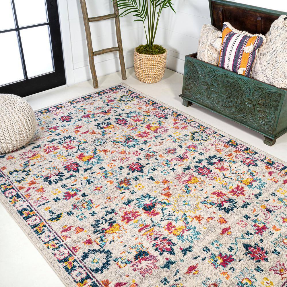 Beige Multicolor Synthetic Boho Floral Area Rug