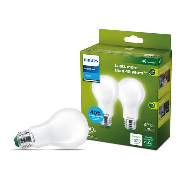 100-Watt Equivalent A19 Ultra Efficient Clear LED Light Bulb 5000K 2-Pack