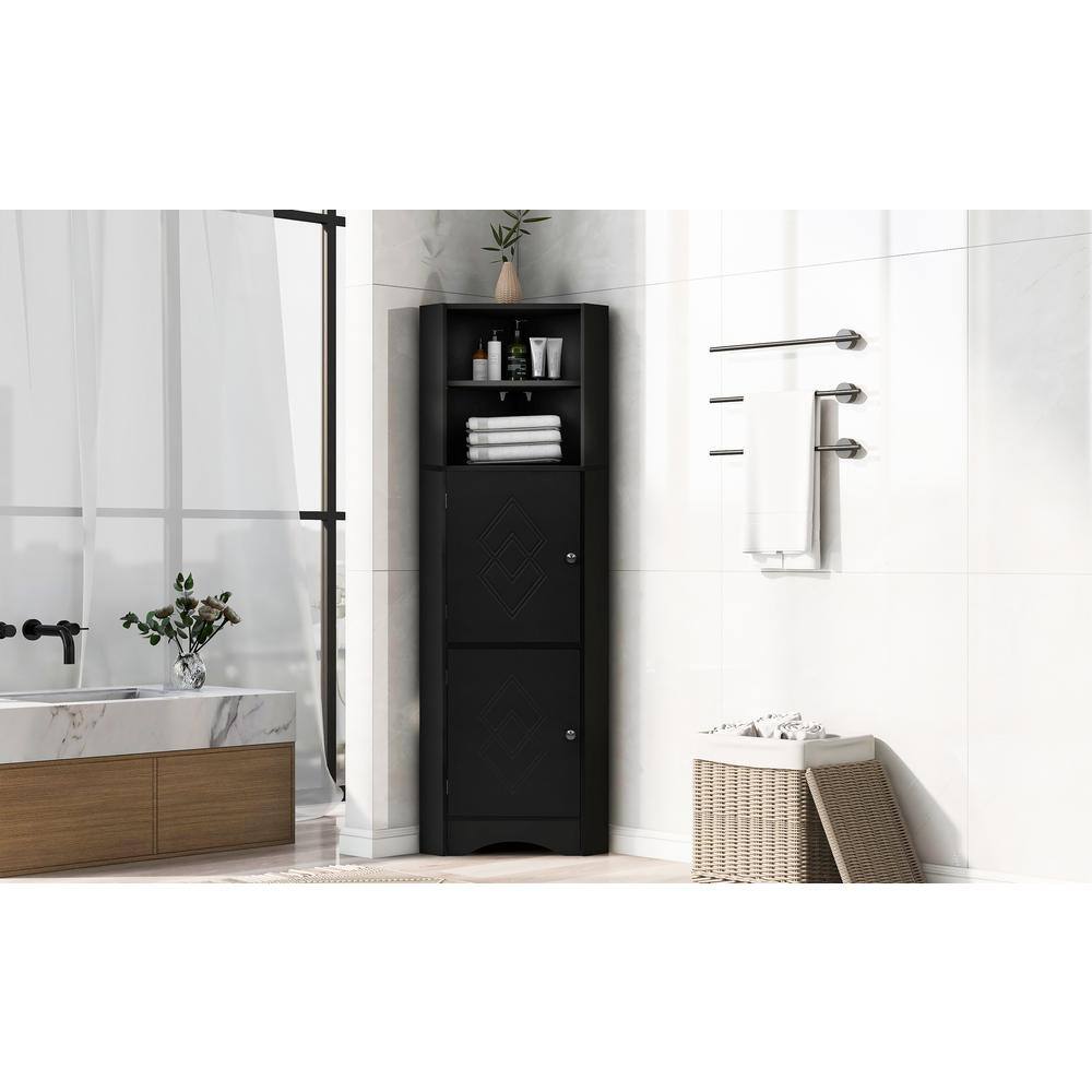 15 in. W x 15 in. D x 61 in. H Black Wood Linen Cabinet with Adjustable She