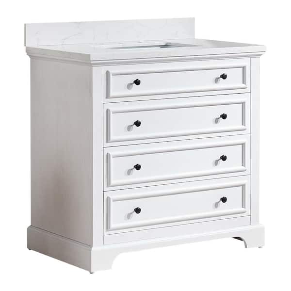 36 in. W x 22 in. D x 36 in. H Single Sink Solid Wood Bath Vanity in White with White Marble Top, Soft-Close
