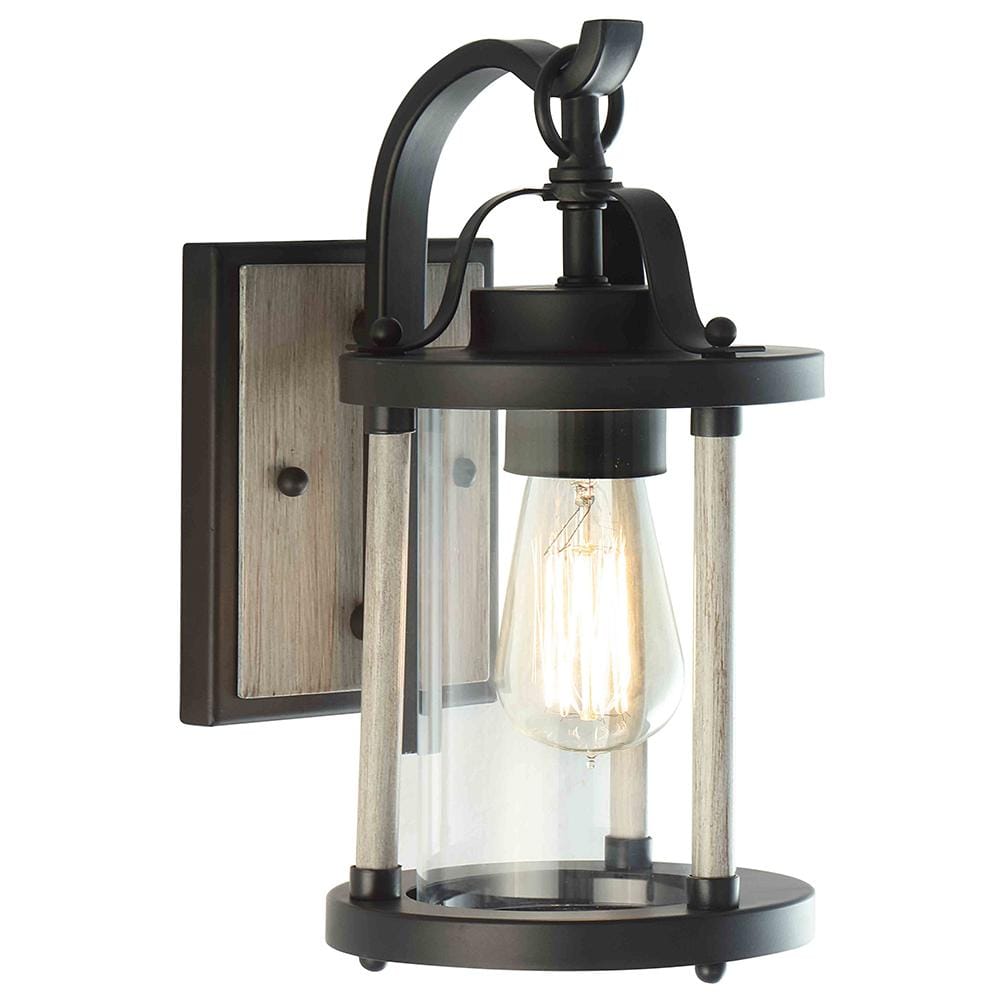 1-Light Black Iron and Wood Outdoor Wall Lantern Sconce with Clear Glass Sh