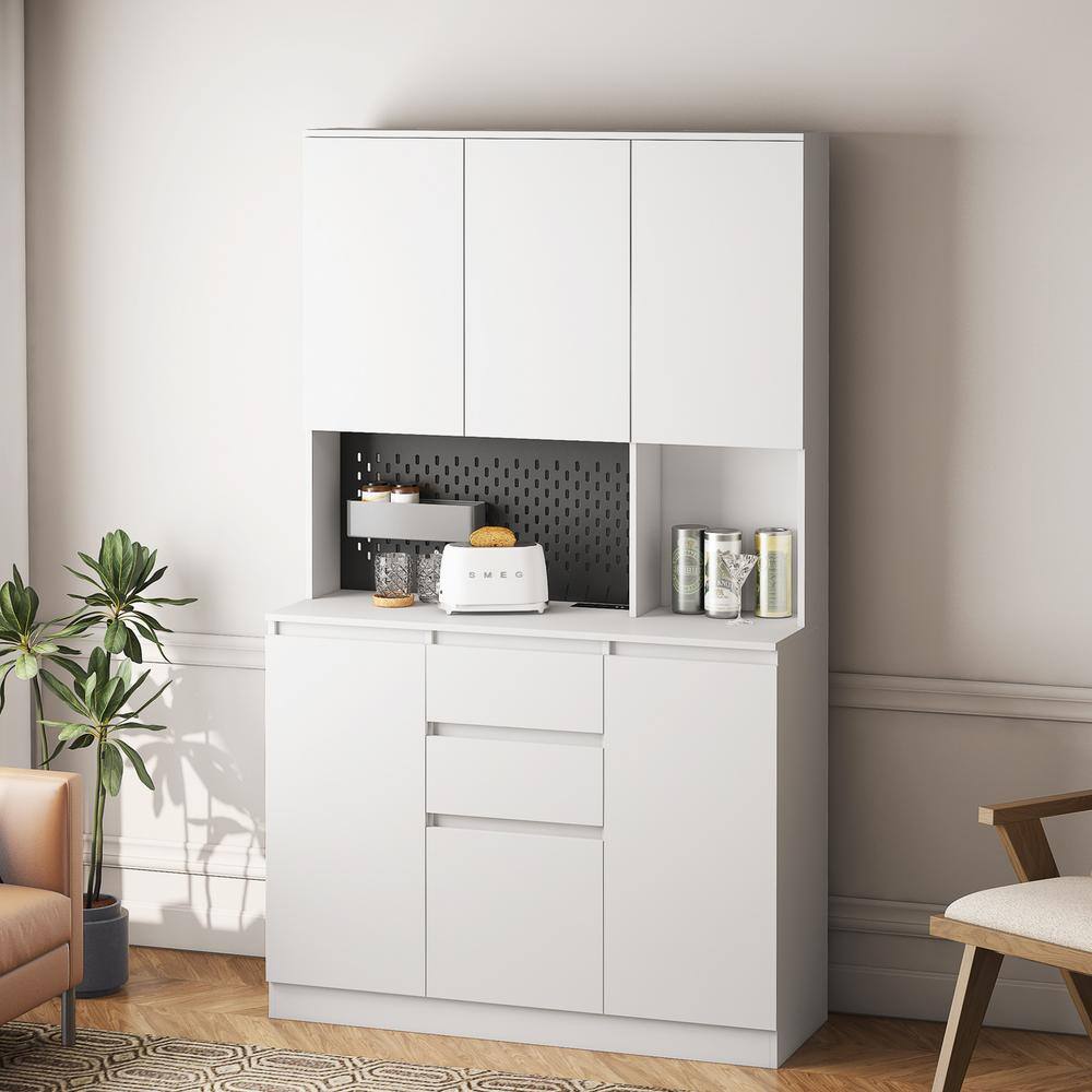 White 74 in. Large Wood Pantry Organizer with Roll-Out 2-Drawers ...