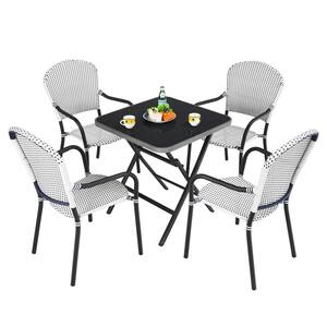 5-Pieces Wicker Square Outdoor Dining Set Folding Table and 4 Stackable Chairs Set w/Tempered Glass Tabletop