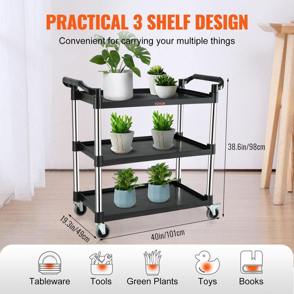 Black 3-Tier Utility Service Cart with Metal Wheels